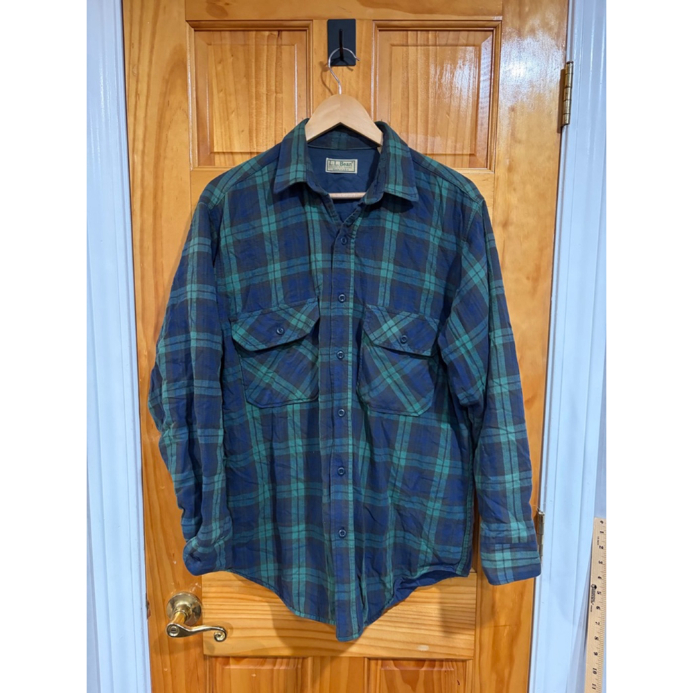 Vintage L.L. Bean Thinsulate Flannel Shirt Jacket M Blue Green Plaid USA Made